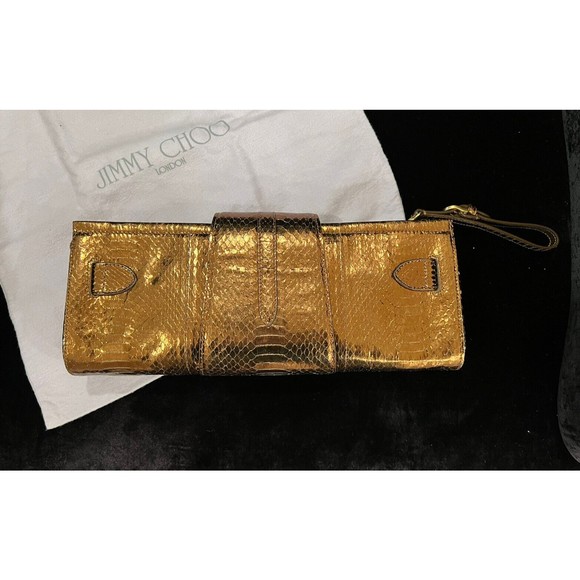 Jimmy Choo Tulita Clutch Bronze Brown Wristlet Gold Buckle Hardware Zip Closure - Picture 8 of 16